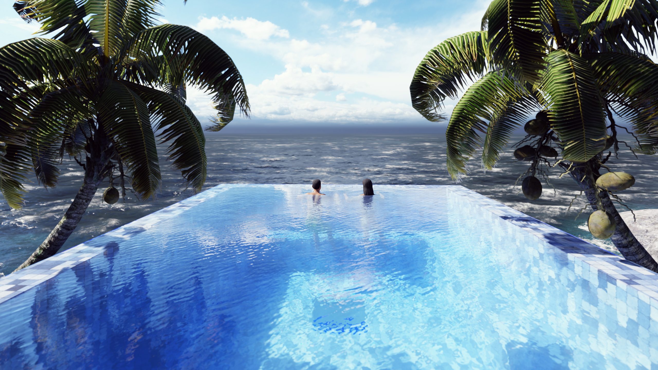 Beautiful swimming pool with bathing man and woman at sunny day, on a lost tropical island.