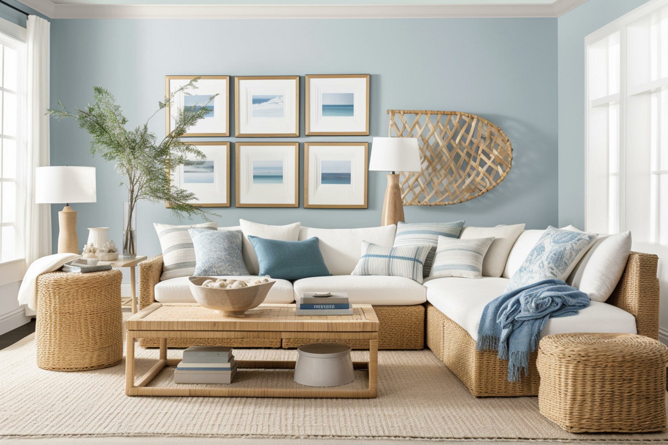 A coastal-inspired living room with a woven rattan sectional, natural wood accents, and ocean-inspired artwork and accessories. Generative AI